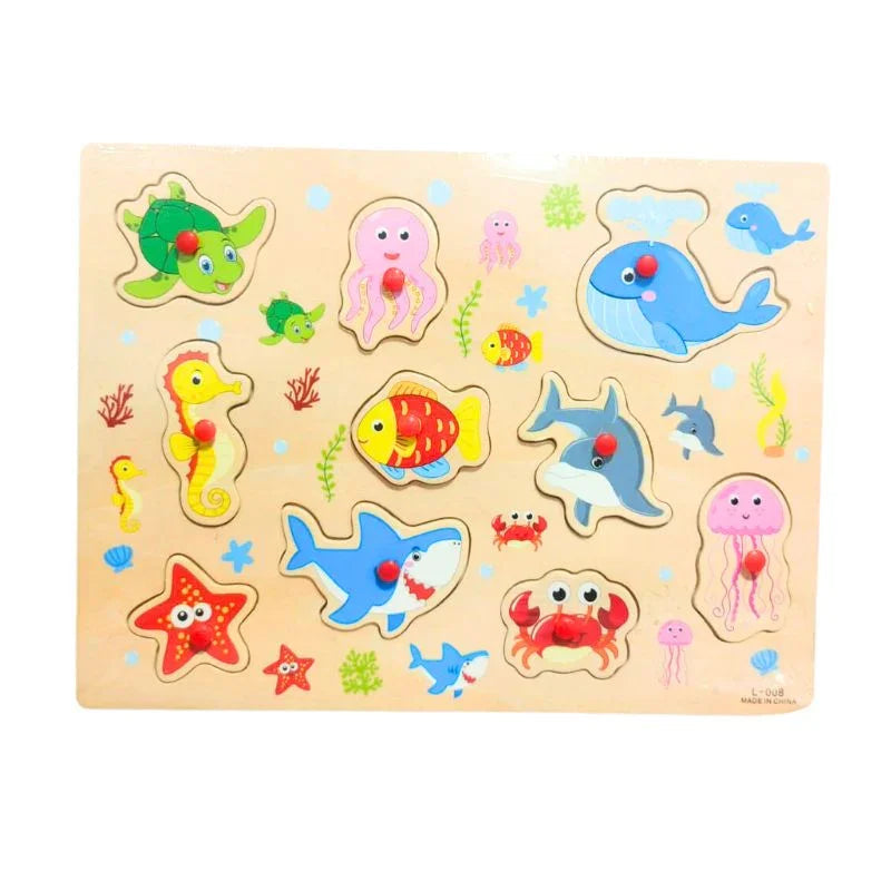 Sea Animals Peg Puzzle — Educational Wooden Knob Board for Toddlers