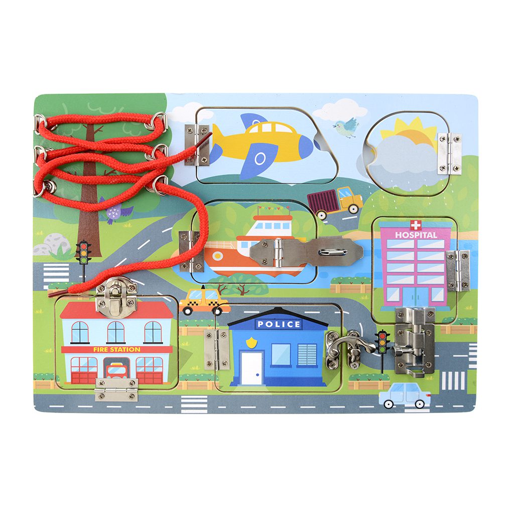 Fun Busy Board Urban Transportation Toy | Wooden Sensory Board with Latches, Locks & Lacing | Fine Motor Skills Educational Toy for Toddlers 36M+