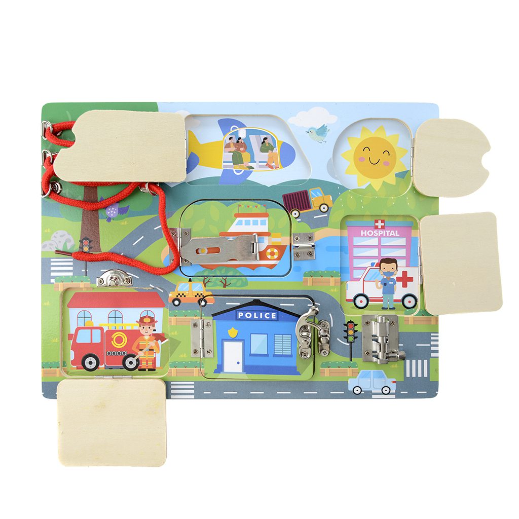 Fun Busy Board Urban Transportation Toy | Wooden Sensory Board with Latches, Locks & Lacing | Fine Motor Skills Educational Toy for Toddlers 36M+