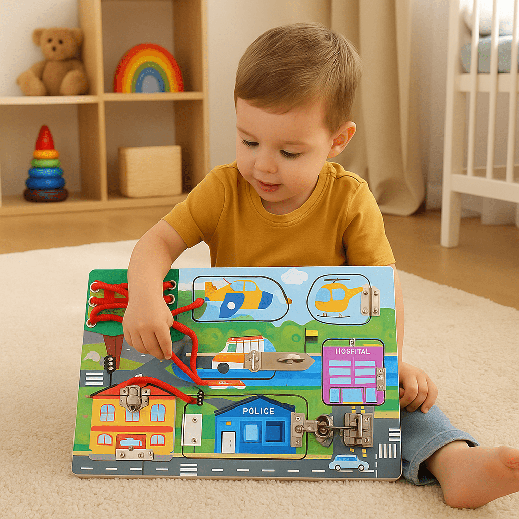 Fun Busy Board Urban Transportation Toy | Wooden Sensory Board with Latches, Locks & Lacing | Fine Motor Skills Educational Toy for Toddlers 36M+