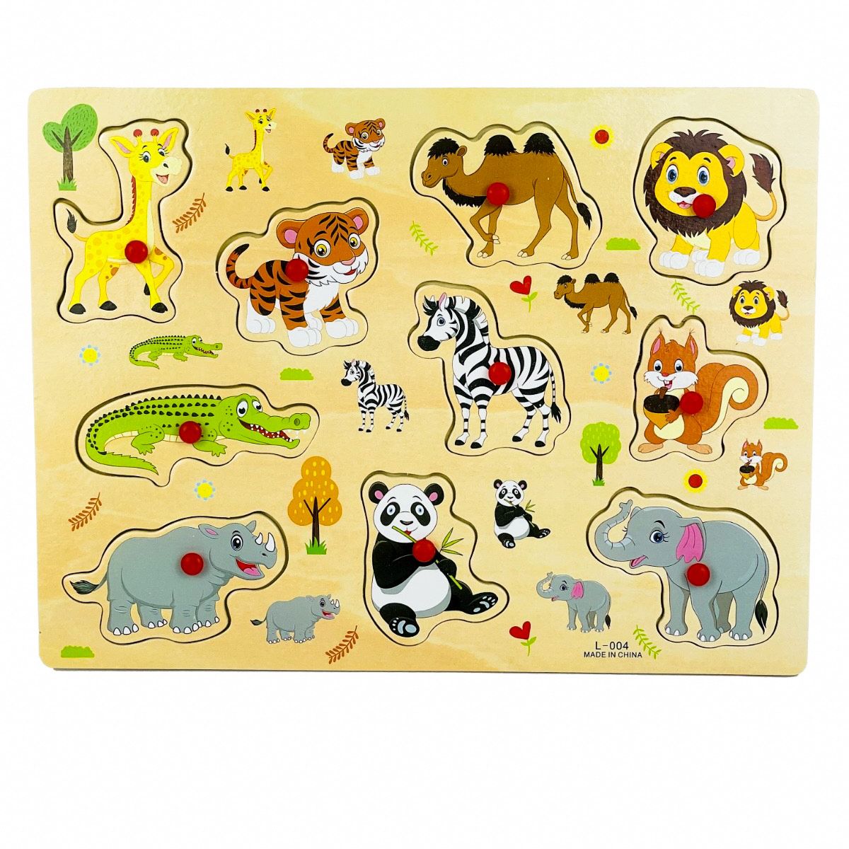 Wild Animals Peg Puzzle — Educational Wooden Knob Board for Toddlers