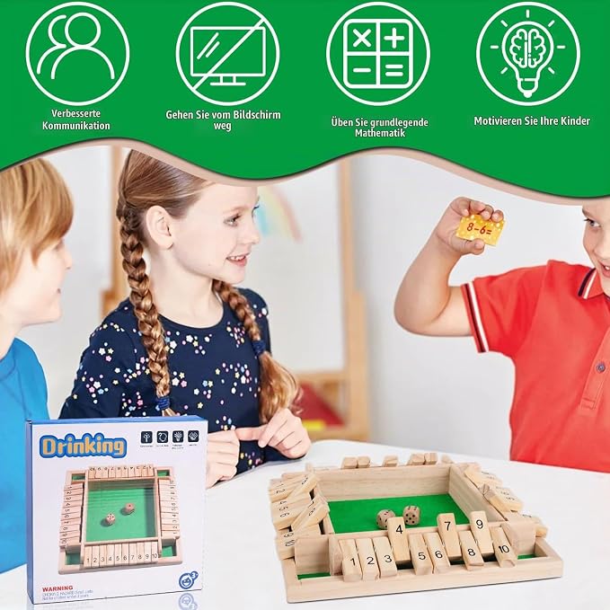 4-Way Wooden Shut the Box Board Game Set with Wooden Dice | Educational Math Skill Toy, Family Game Night & Party Pub Game