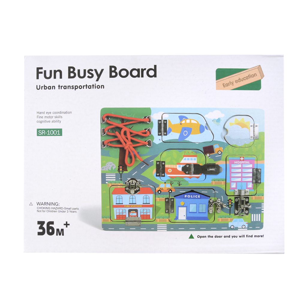 Fun Busy Board Urban Transportation Toy | Wooden Sensory Board with Latches, Locks & Lacing | Fine Motor Skills Educational Toy for Toddlers 36M+
