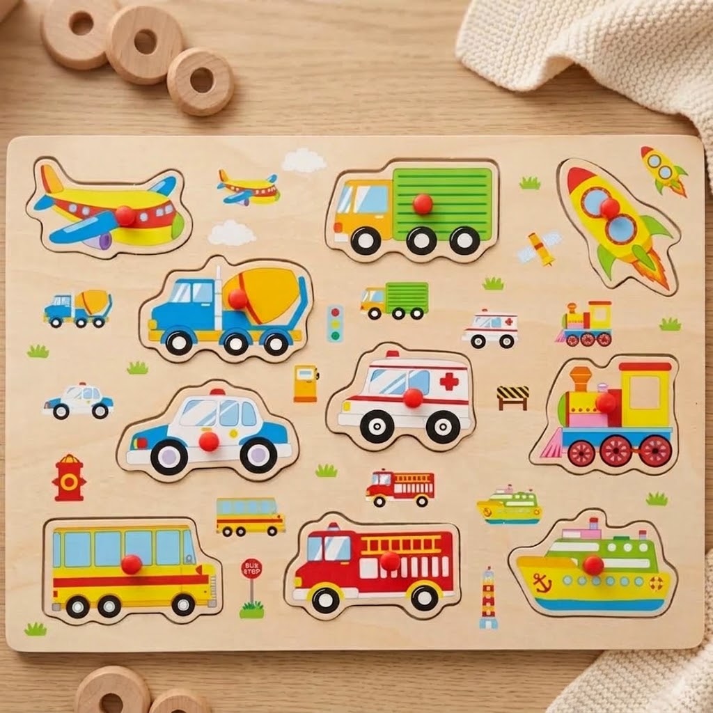 Transport Vehicles Peg Puzzle — Educational Wooden Knob Matching Board for Toddlers