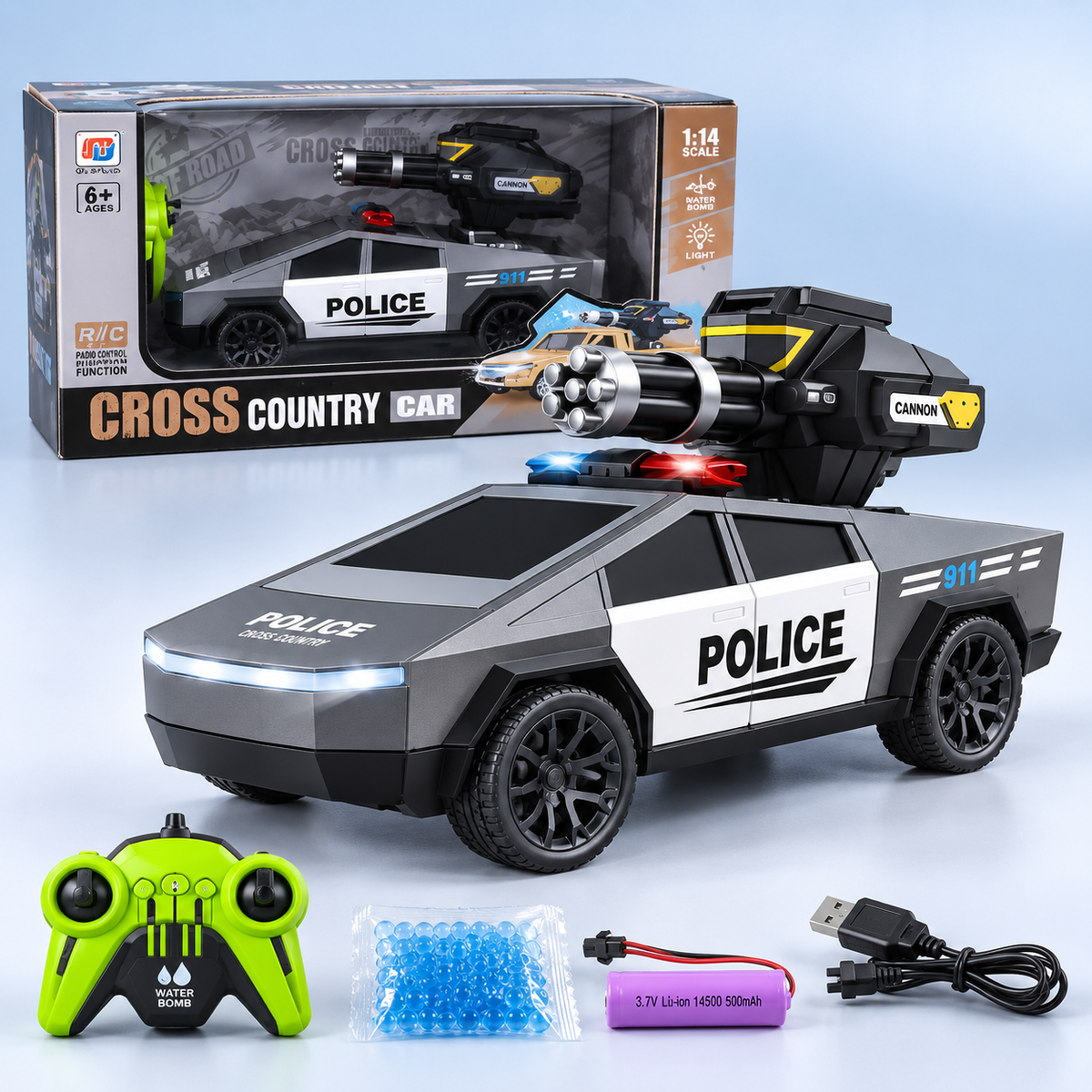 0855-290 1:14 RC Police Pickup with Water-Bomb Launcher & Lights