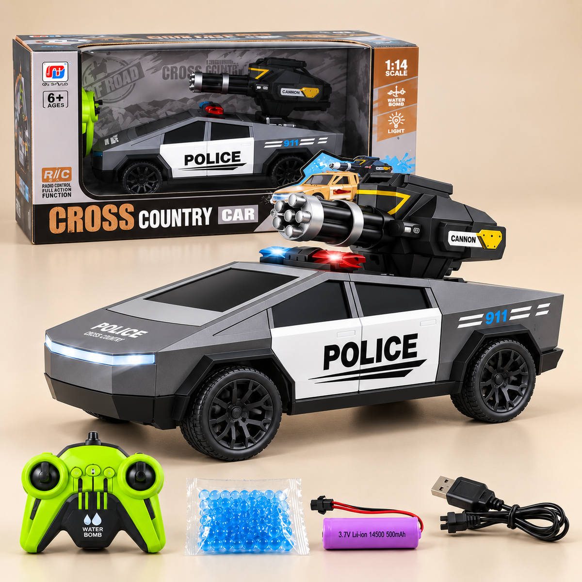 0855-290 1:14 RC Police Pickup with Water-Bomb Launcher & Lights