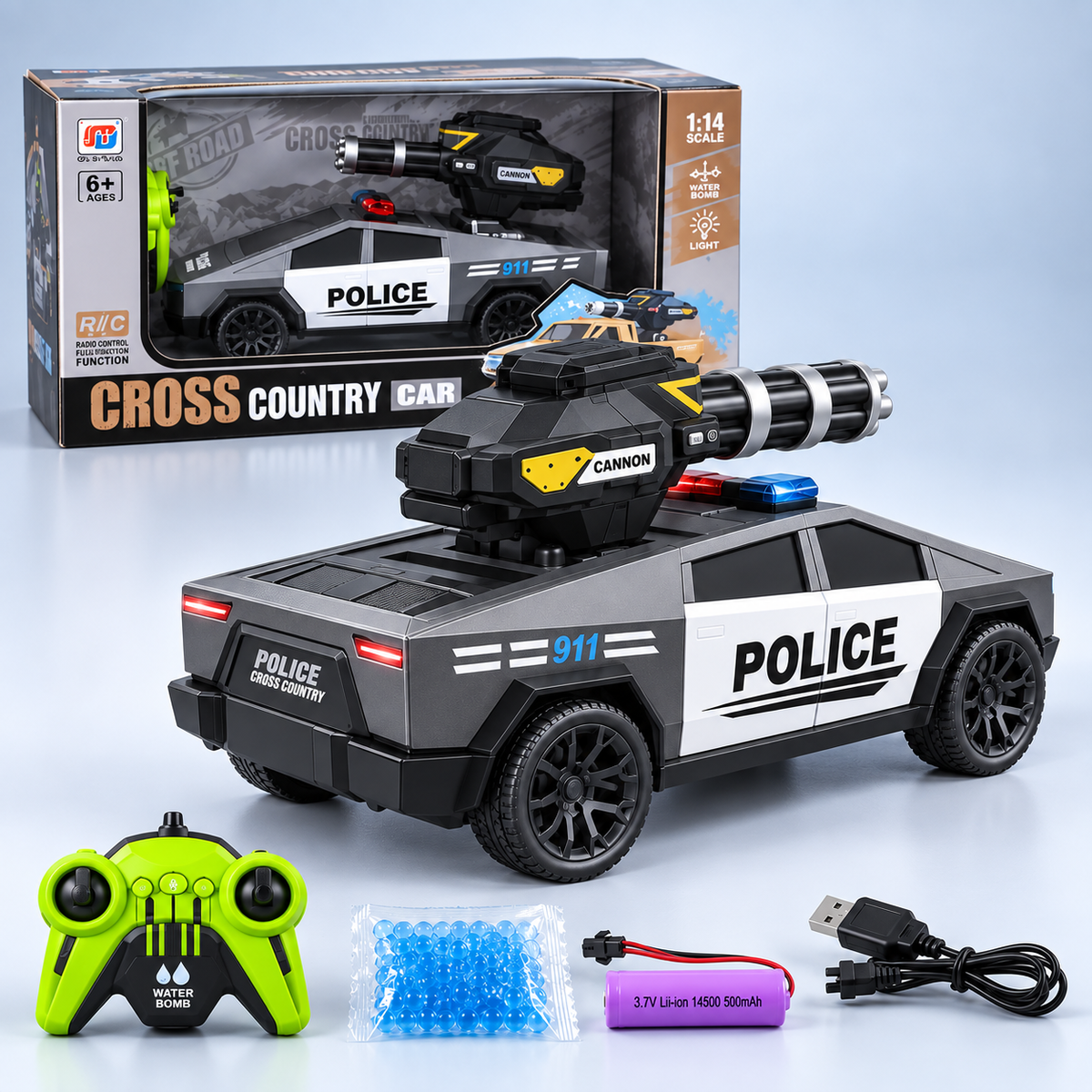 0855-290 1:14 RC Police Pickup with Water-Bomb Launcher & Lights