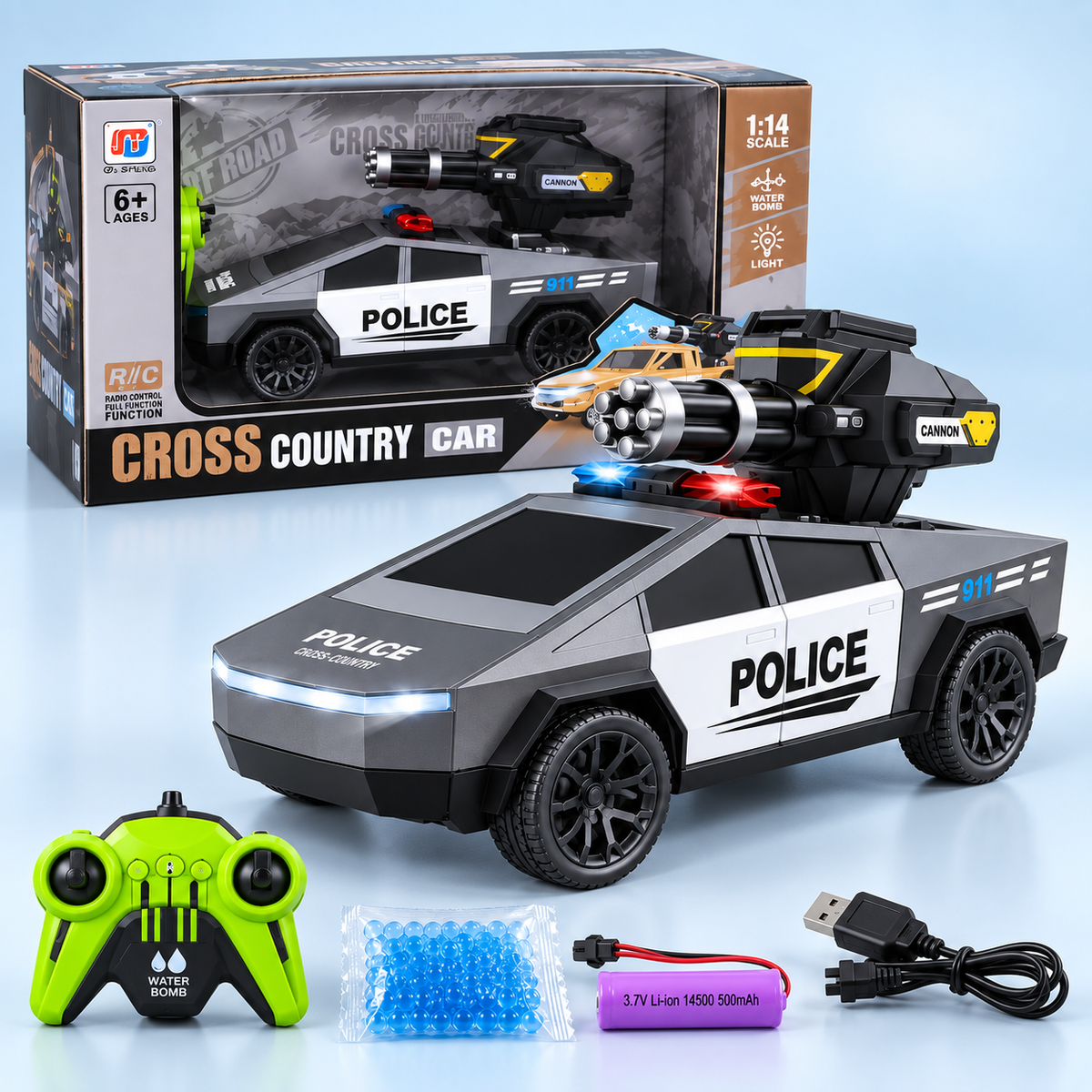 0855-290 1:14 RC Police Pickup with Water-Bomb Launcher & Lights
