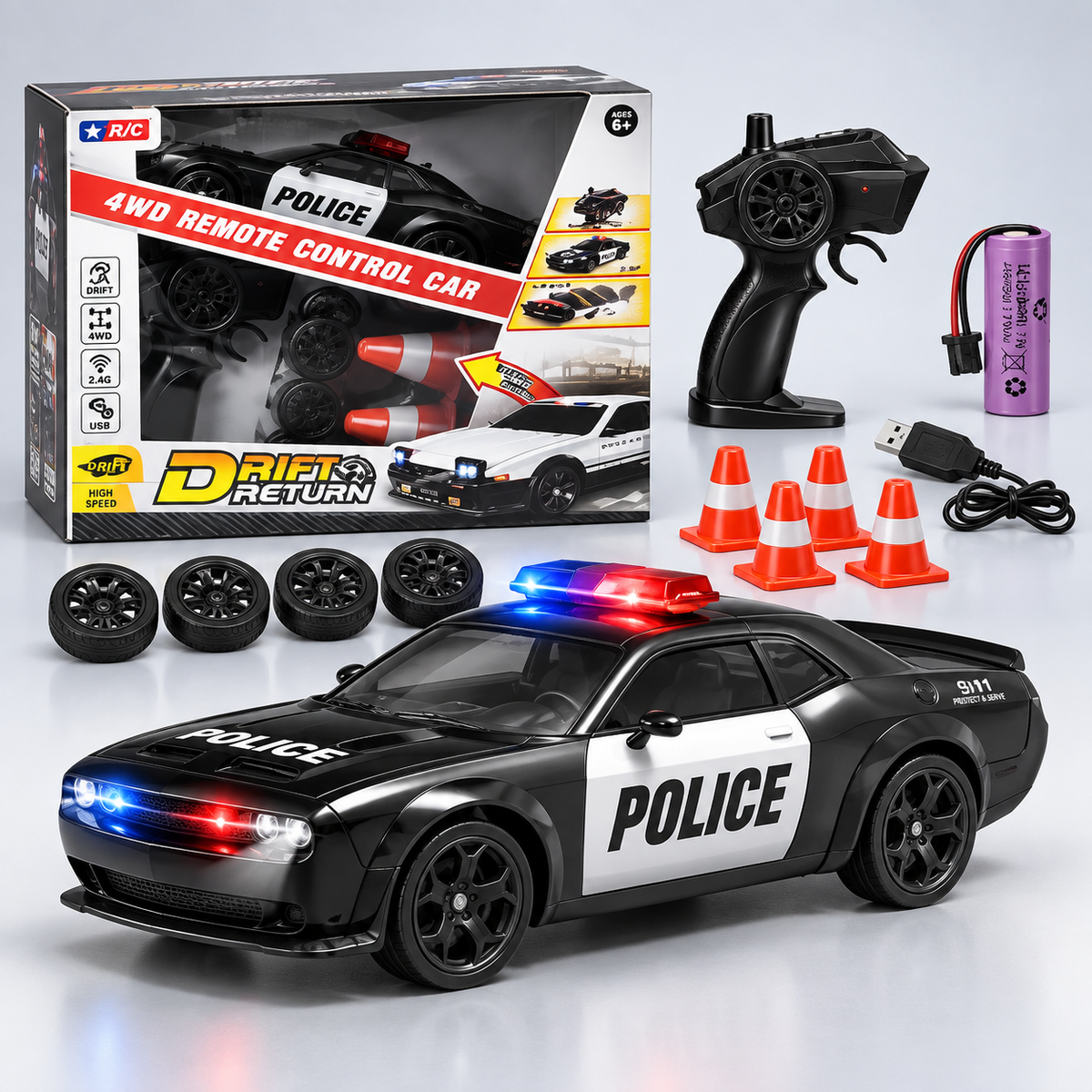 93227 2.4G 4WD RC Police Drift Car Set with Cones & Spare Tyres