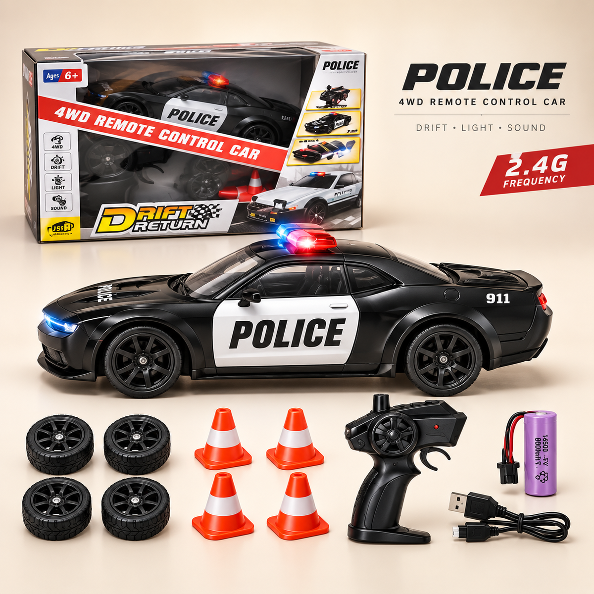 93227 2.4G 4WD RC Police Drift Car Set with Cones & Spare Tyres