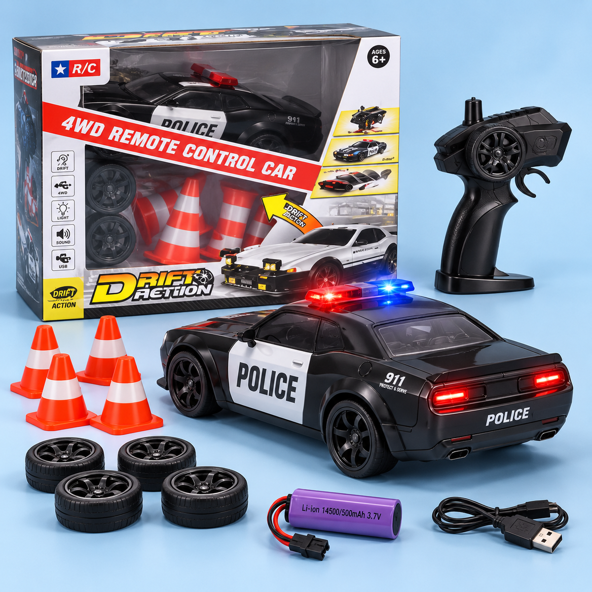 93227 2.4G 4WD RC Police Drift Car Set with Cones & Spare Tyres