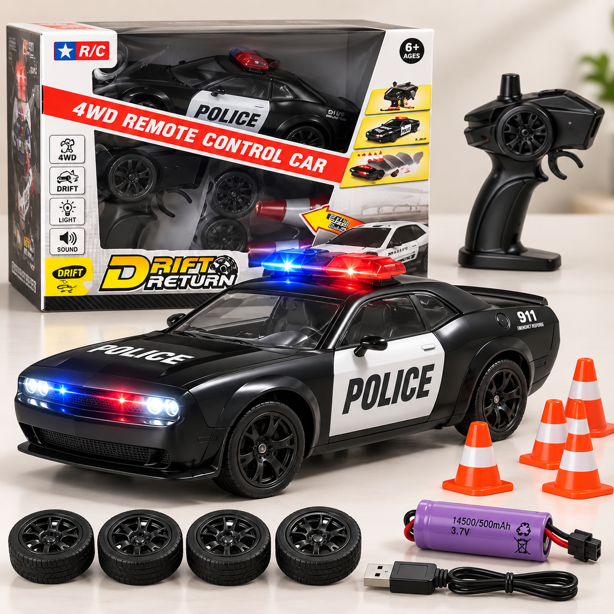 93227 2.4G 4WD RC Police Drift Car Set with Cones & Spare Tyres