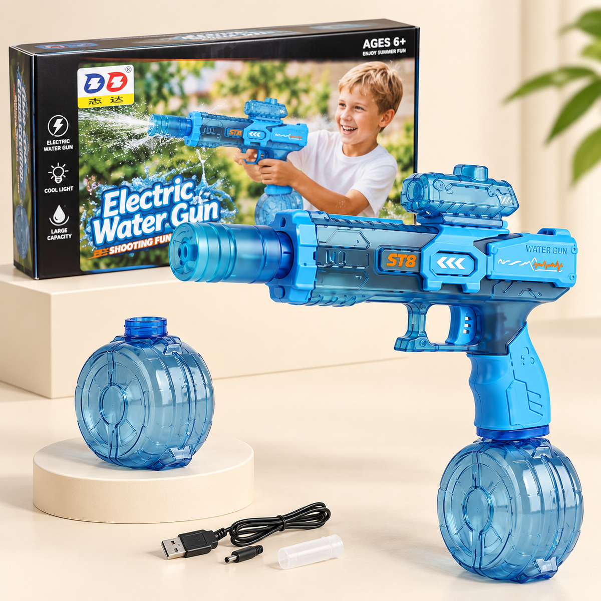 9003 Rechargeable Electric Water Gun with Drum Tank & LED Lights