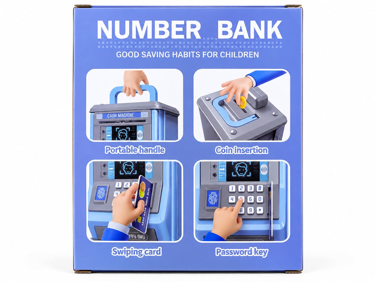 Kids ATM money bank features including coin slot card swipe portable handle and password keypad