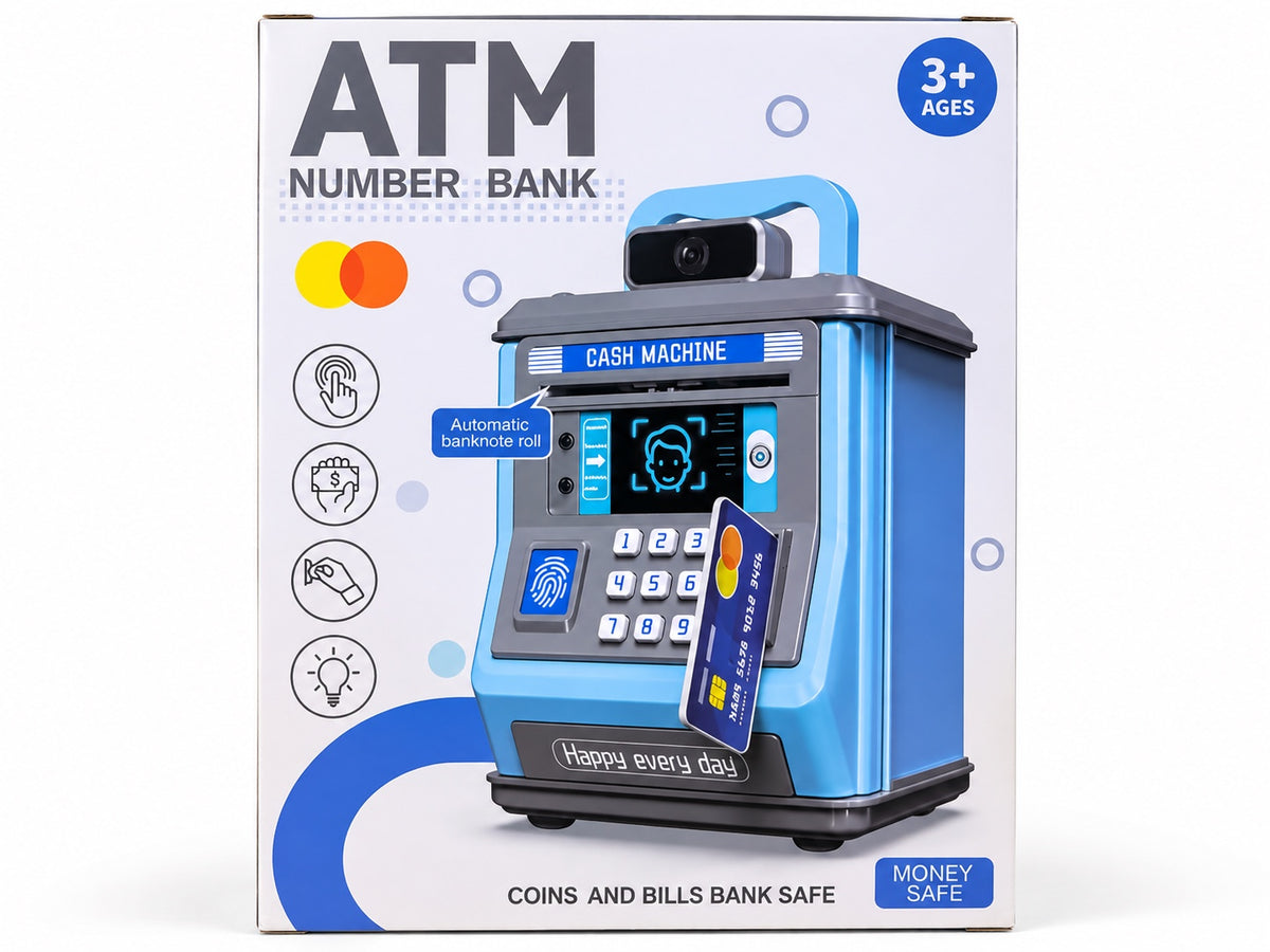 Kids ATM money safe blue electronic number bank with password keypad and card