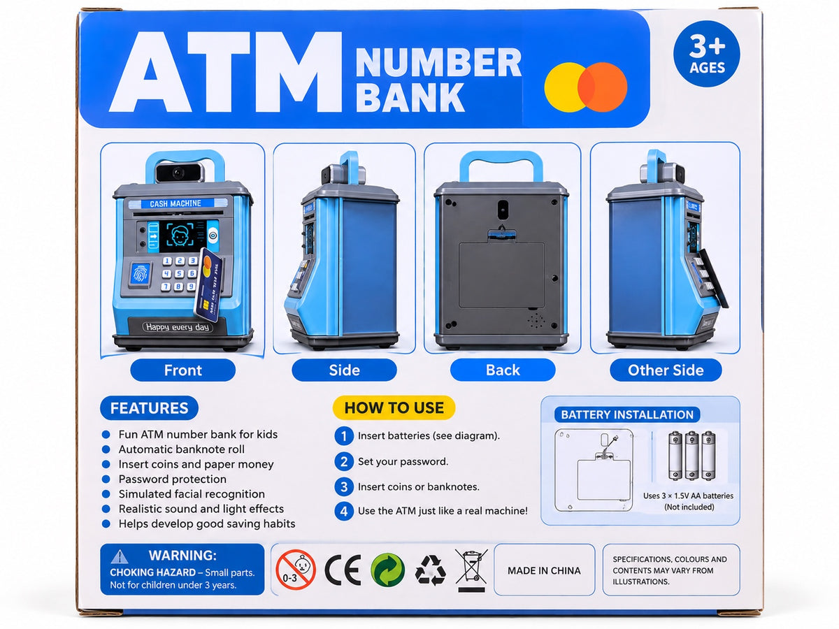 Kids ATM number bank blue product views features and AA battery requirements