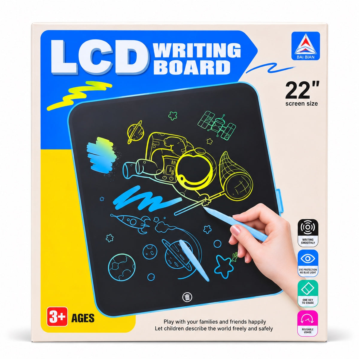 22 inch reusable LCD writing board for kids with one-key erase