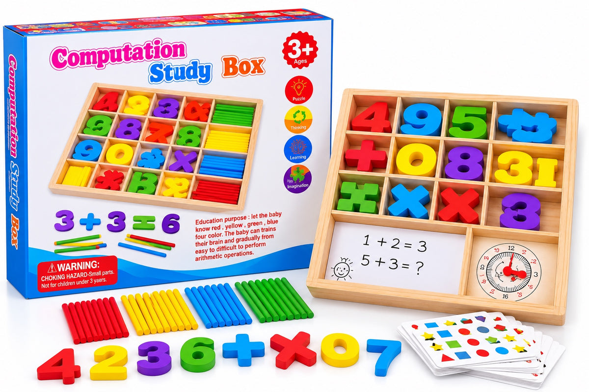 Wooden computation study box contents with colorful numbers operators counting rods cards writing board and clock