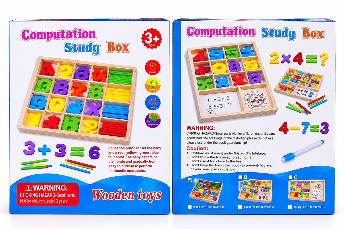 Wooden computation study box math learning toy packaging front and back for ages 3 plus