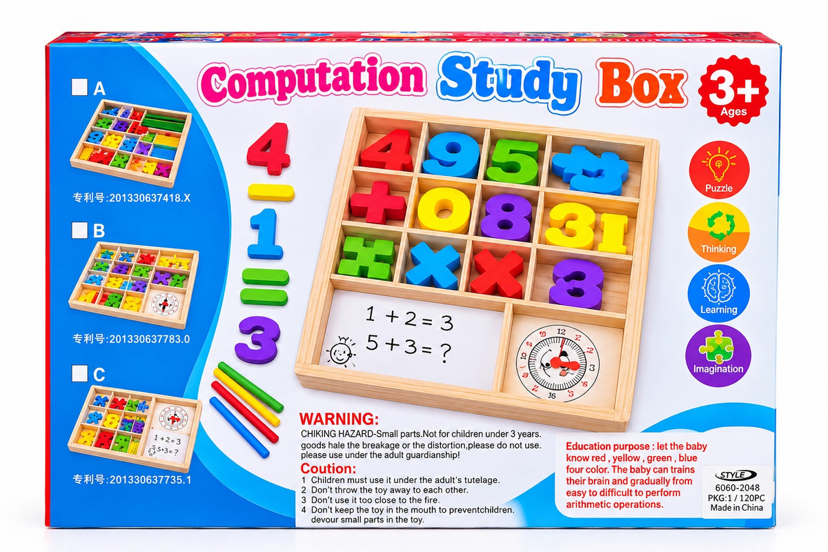 Computation study box wooden math learning set with numbers operators counting sticks whiteboard and clock