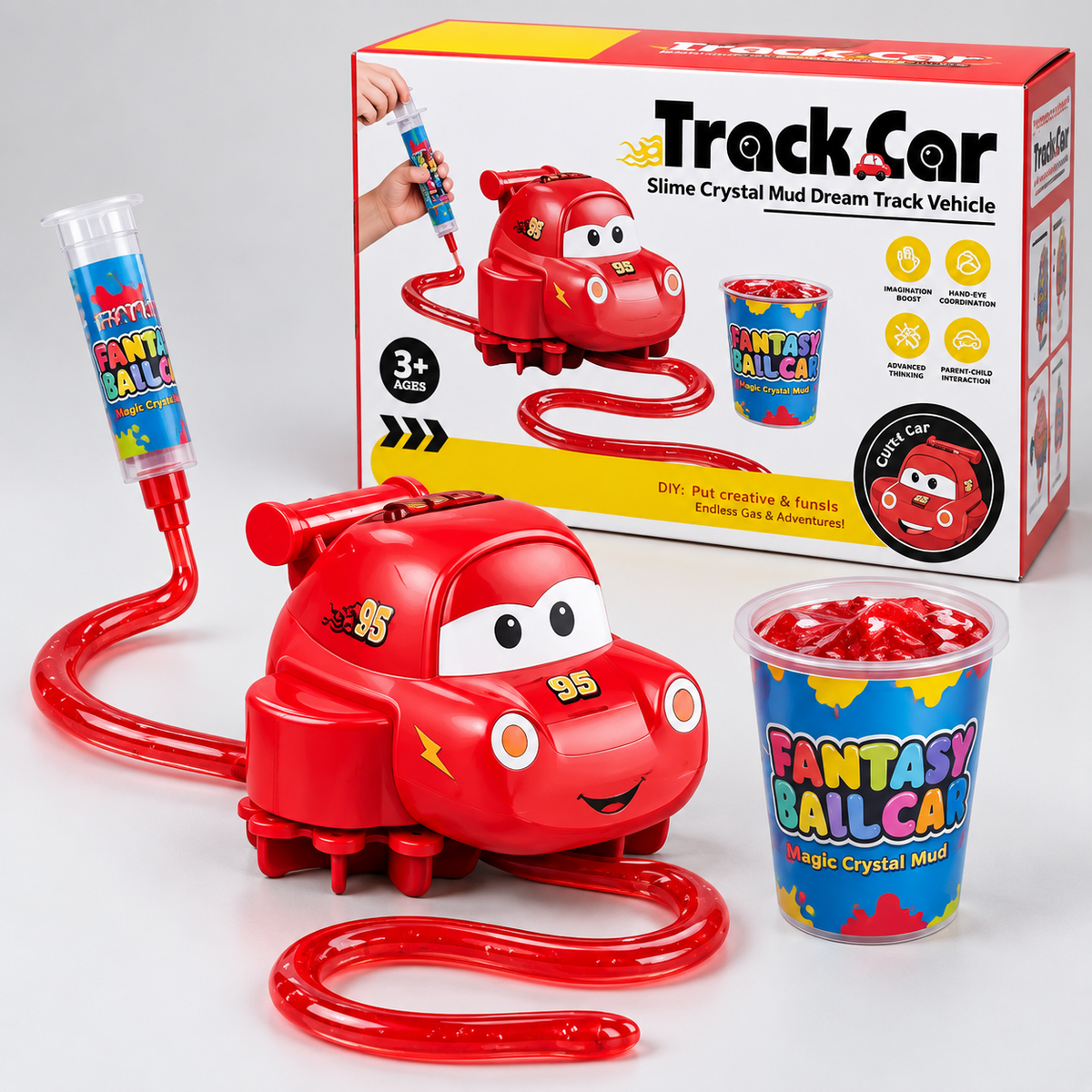 Front view of red DIY crystal mud track car playset for children age 3 plus