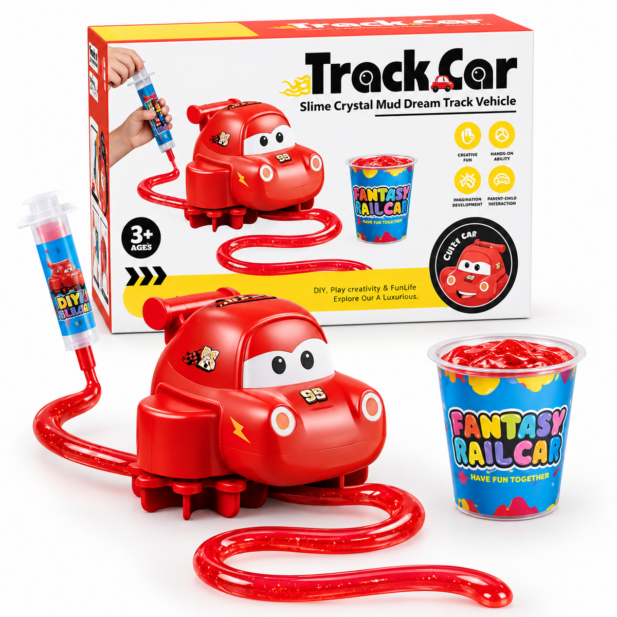 DIY slime crystal track car playset with red car, track gel and retail box
