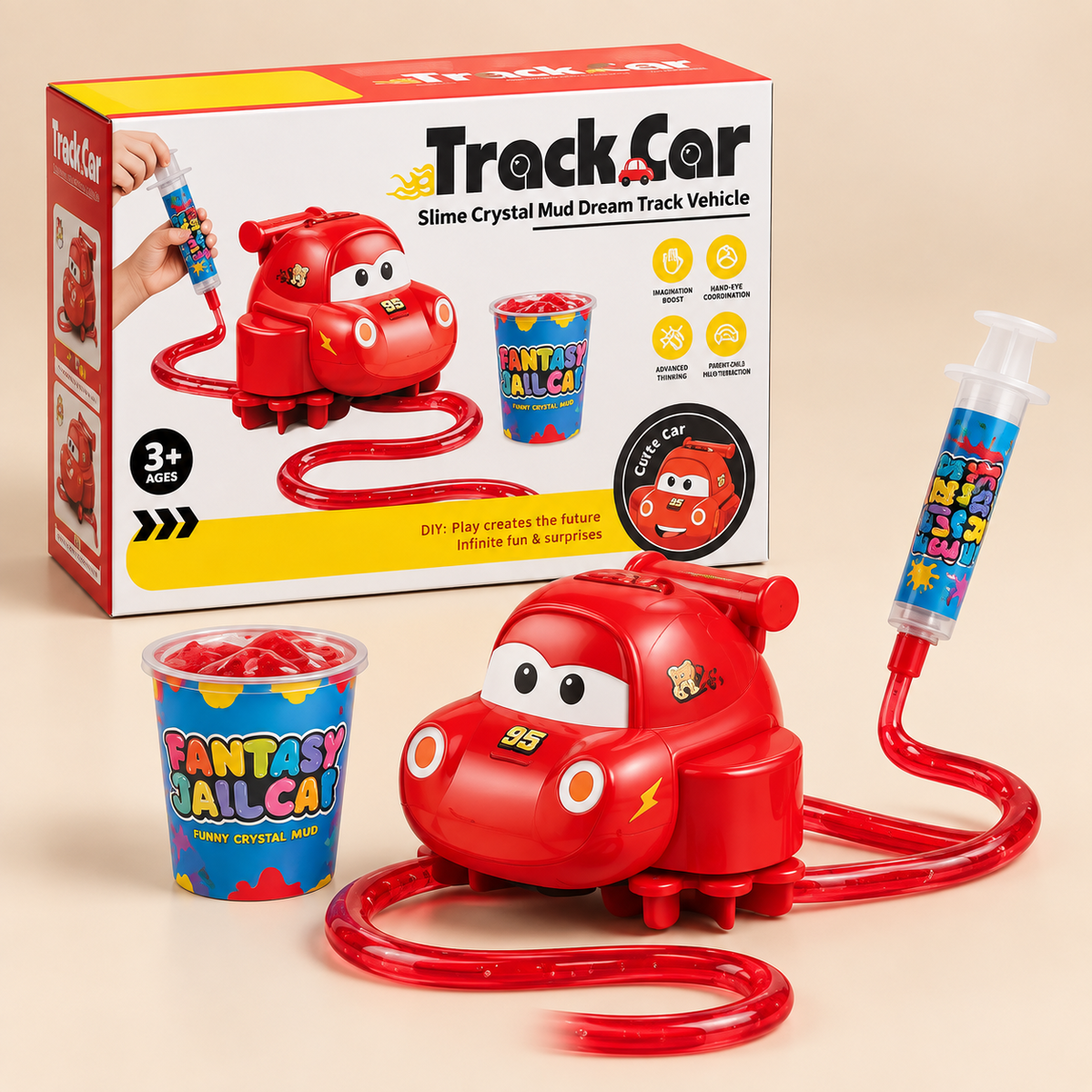 Red slime track car toy with crystal gel, syringe applicator and product box
