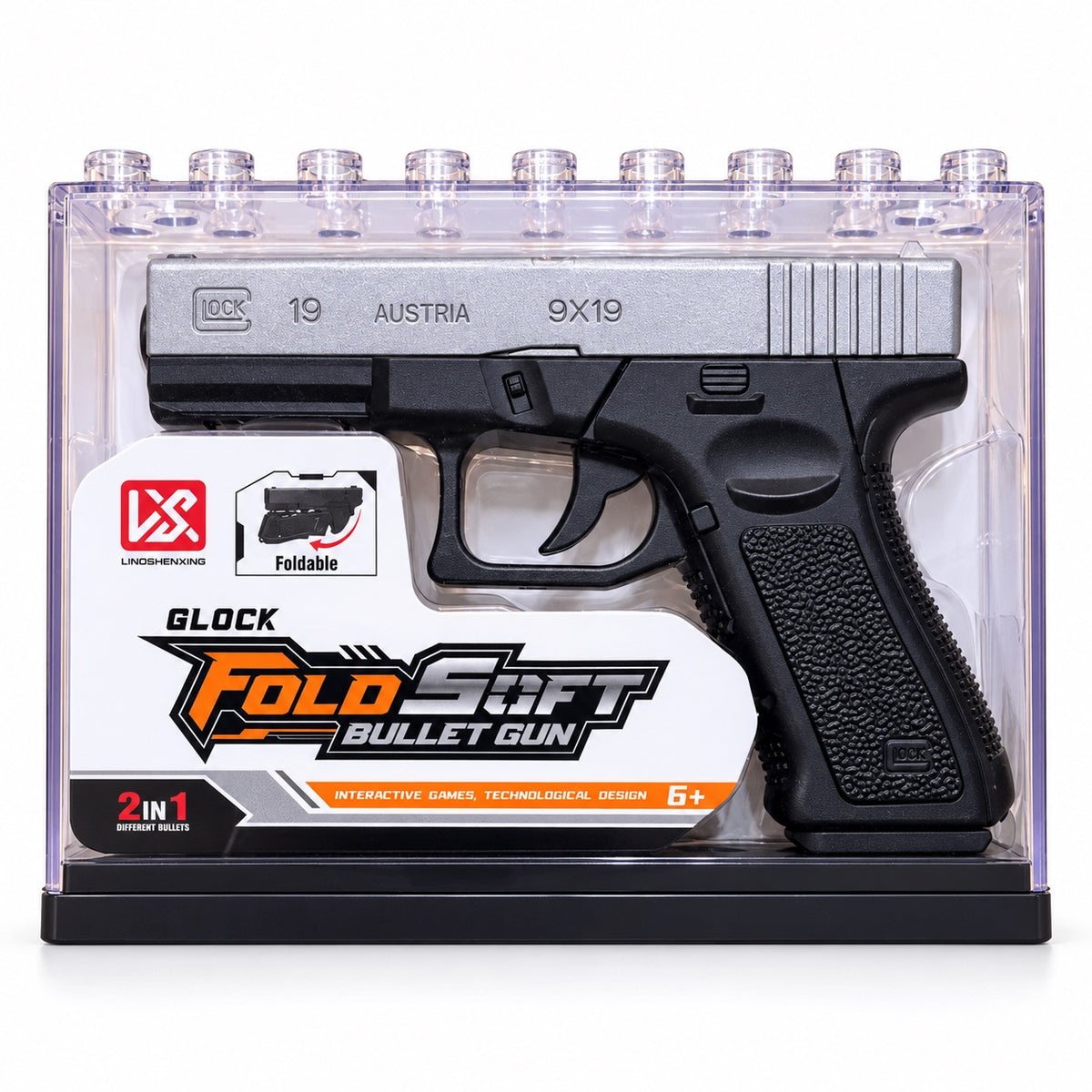 Foldable soft bullet toy blaster in display case for ages 6 plus
