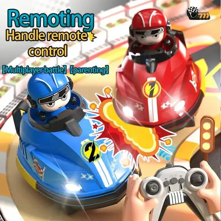 Remote control battle bumper cars colliding during two-player play
