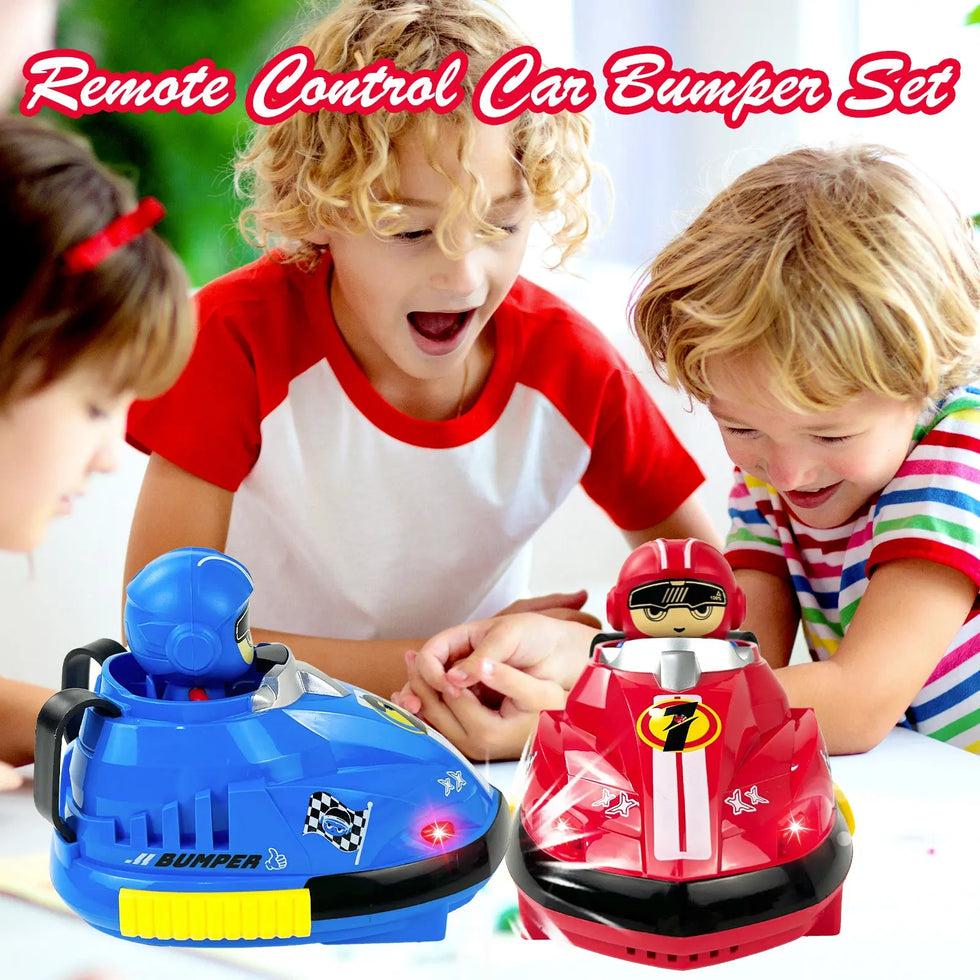 Children playing with red and blue remote control bumper cars