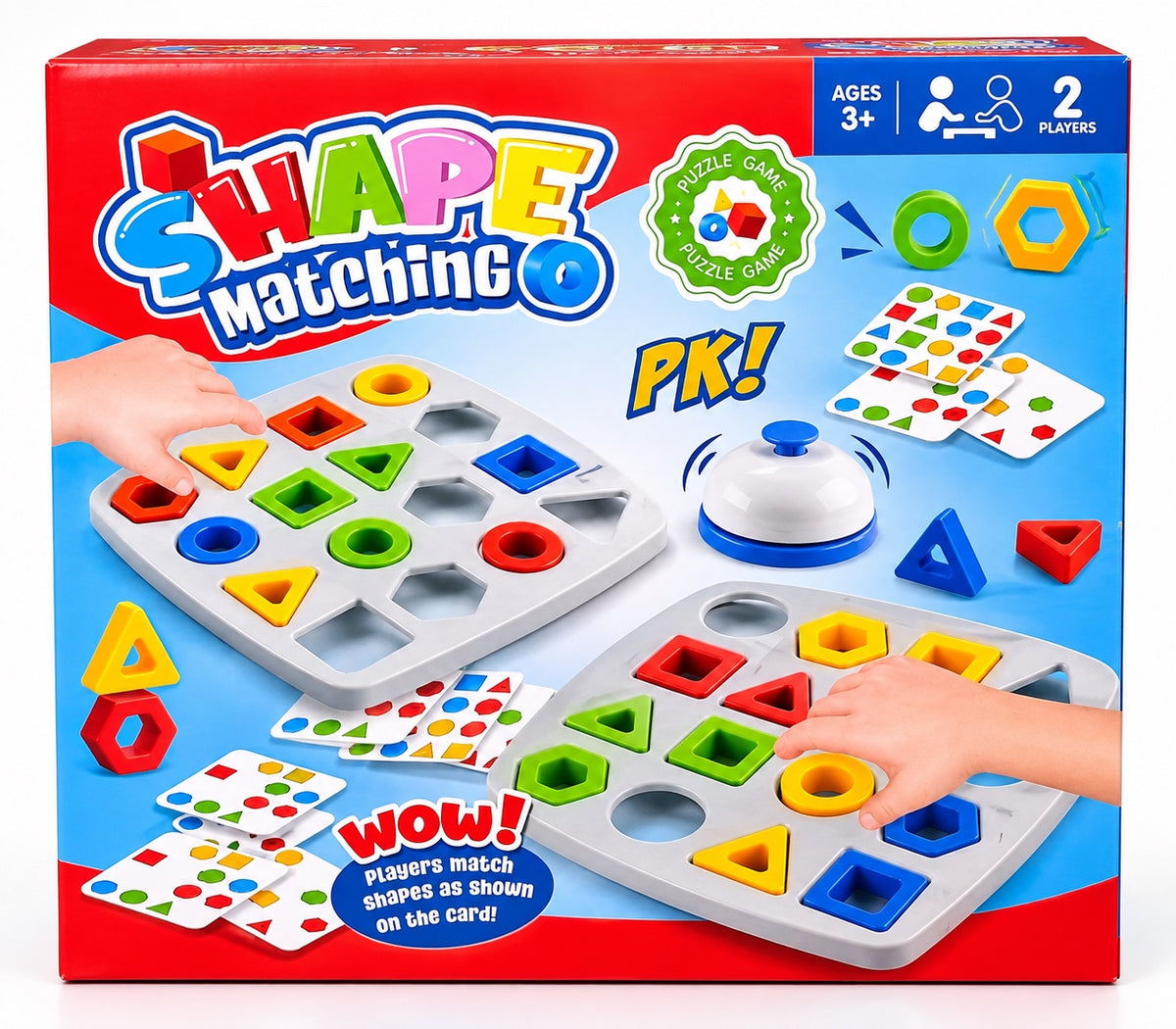 Shape Matching two player puzzle game with cards bell and colorful pieces for ages 3 plus