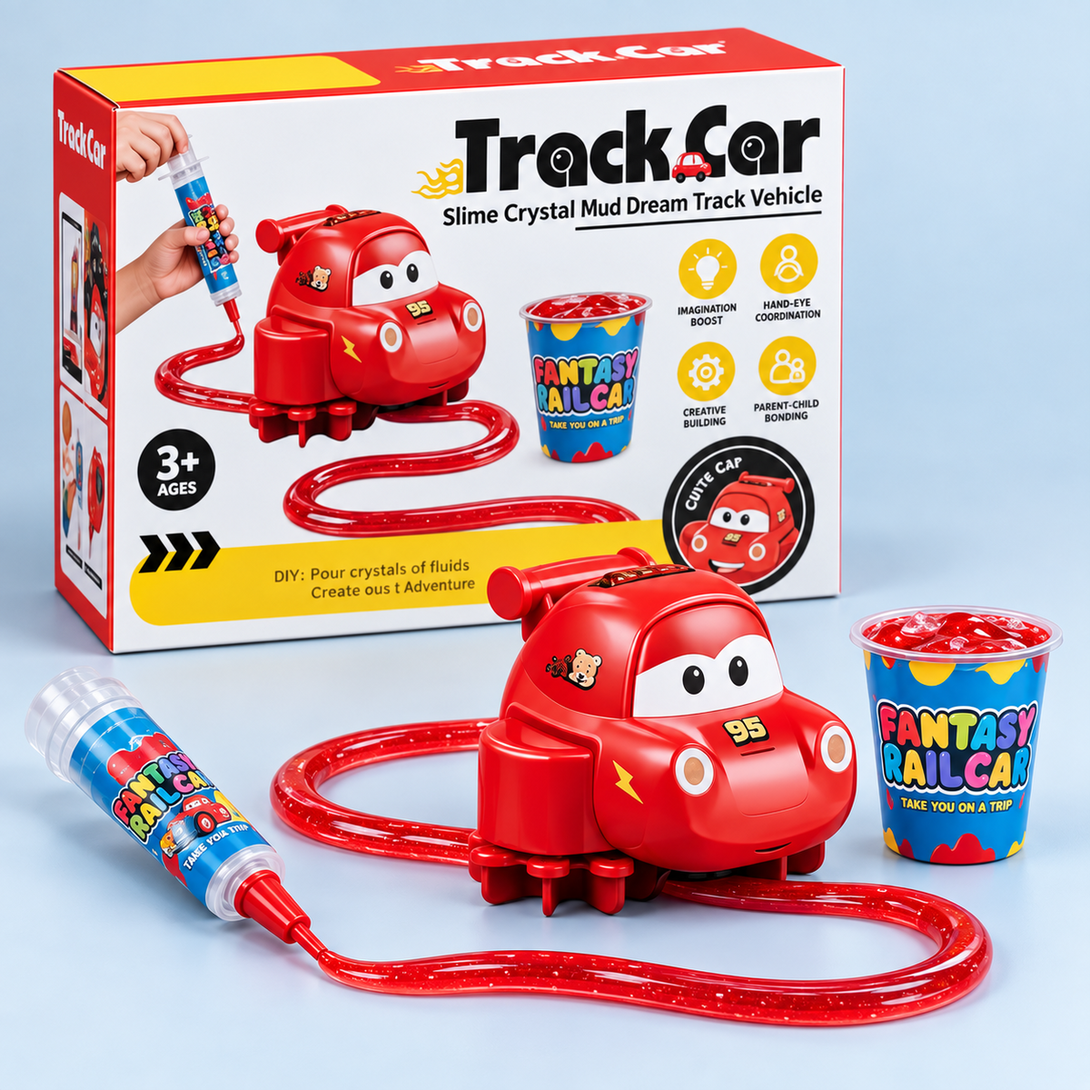 Track Car slime crystal playset with red vehicle, Fantasy Railcar gel and packaging